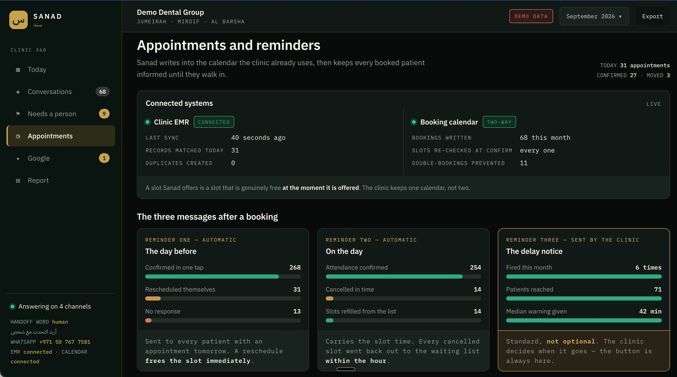 Console view for appointments, reminders, and delay notices